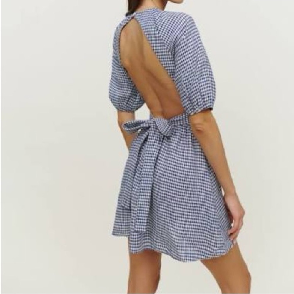 Reformation Navy Check Backless Dress